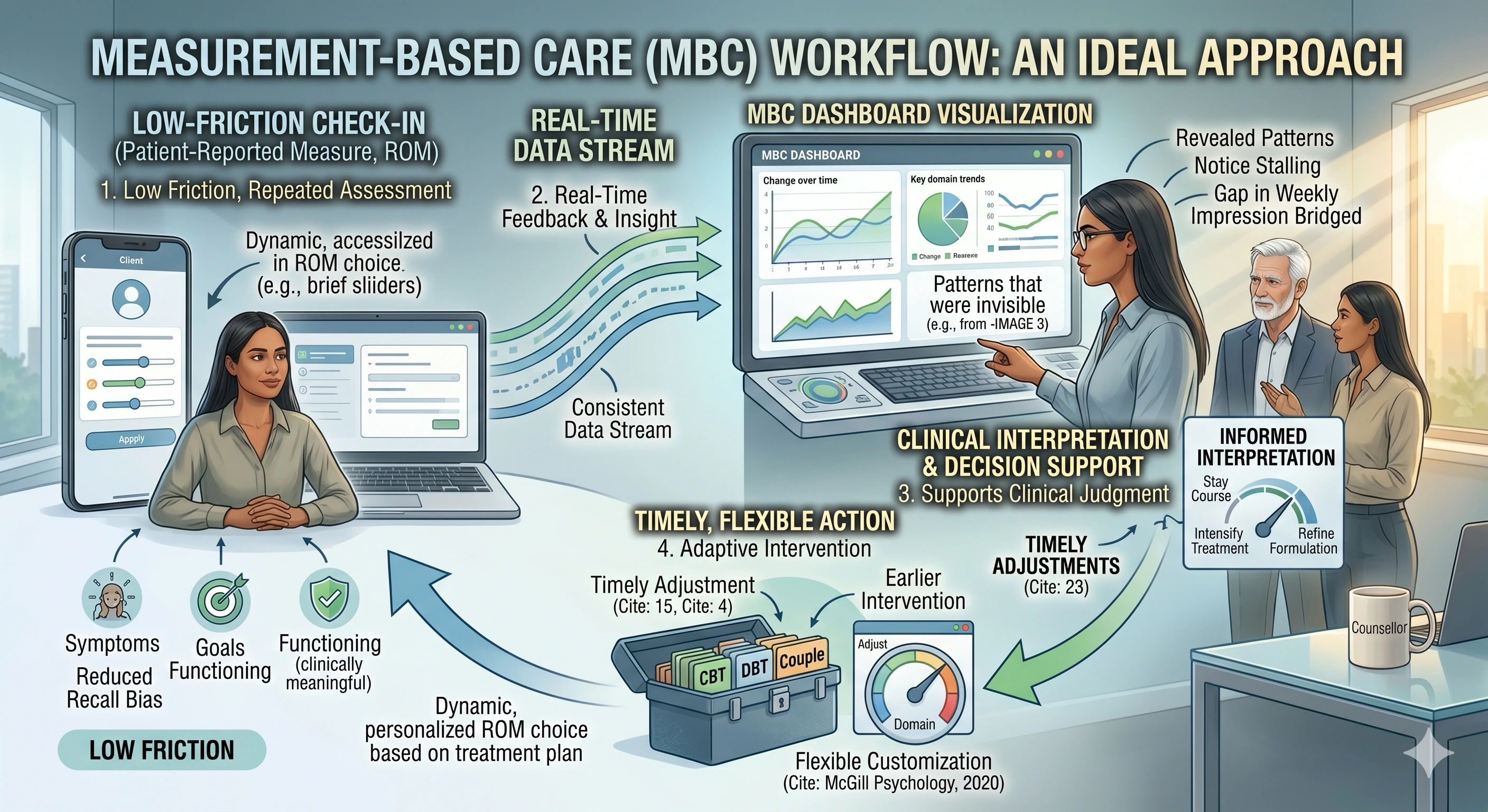 Mental health measurement-based care workflow showing symptoms, goals, and feedback
