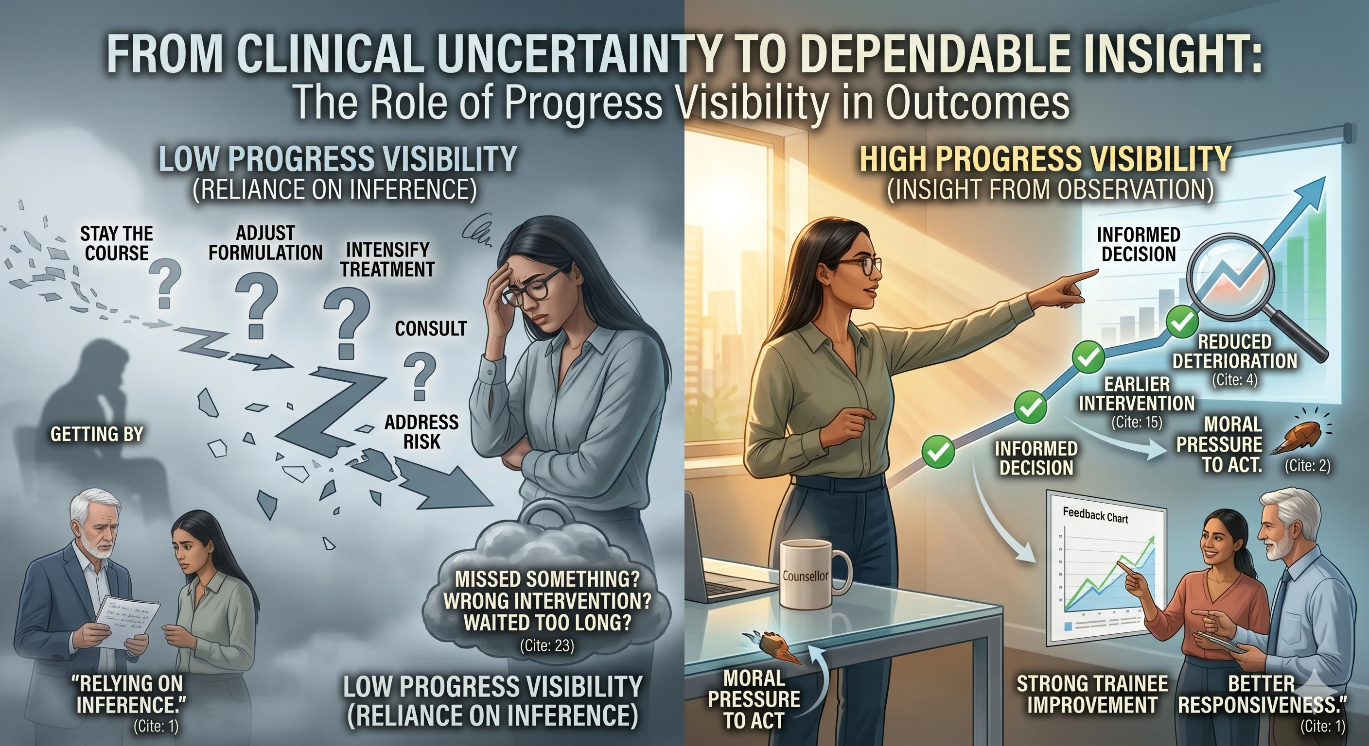 Therapist reviewing a progress chart during supervision to assess treatment change