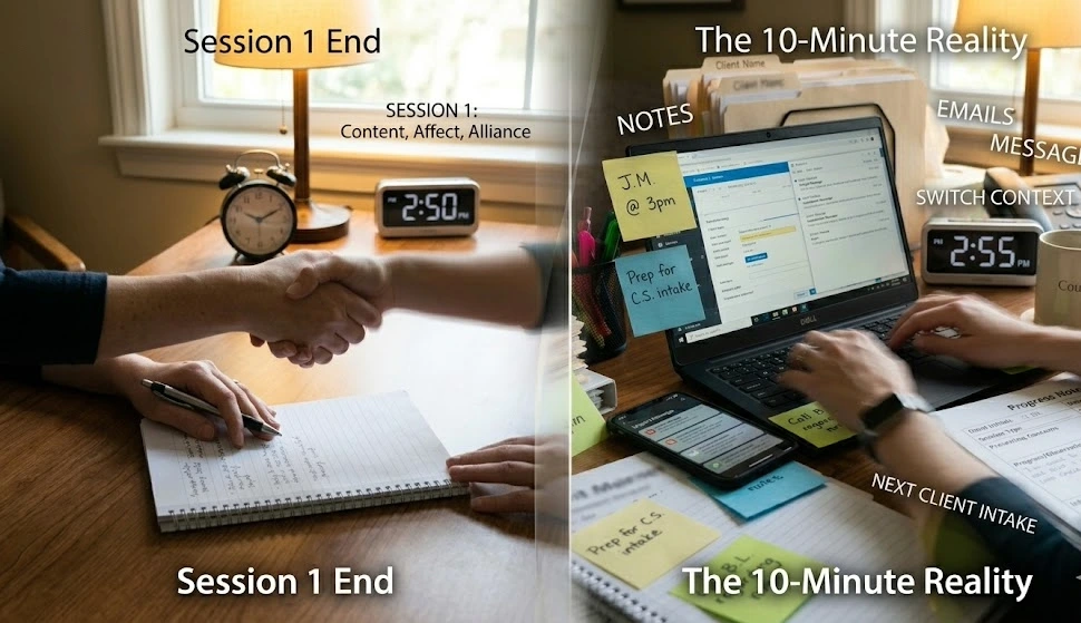Busy therapist office with documentation and scheduling materials