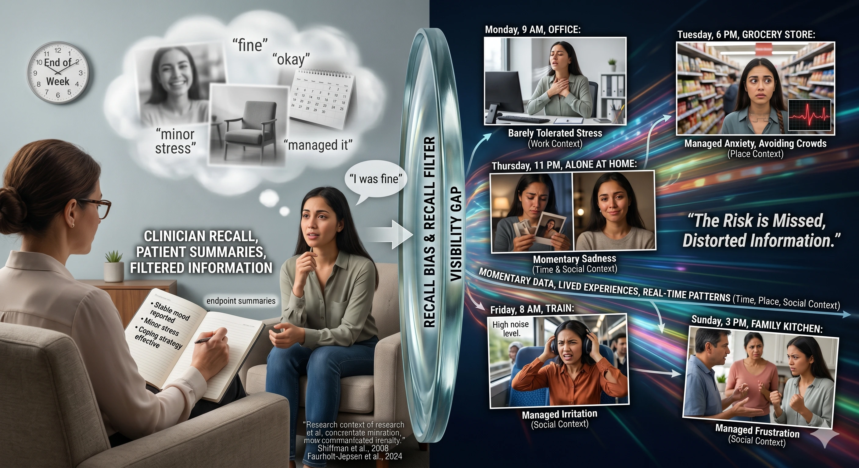 Diagram of therapy session surrounded by between-session days to show missing progress data